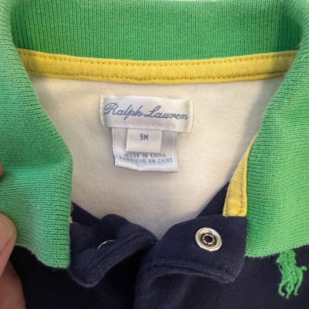 Ralph Lauren Baby Boy Colorblock Polo Romper Navy Red Yellow 9M - Picture 2 of 5